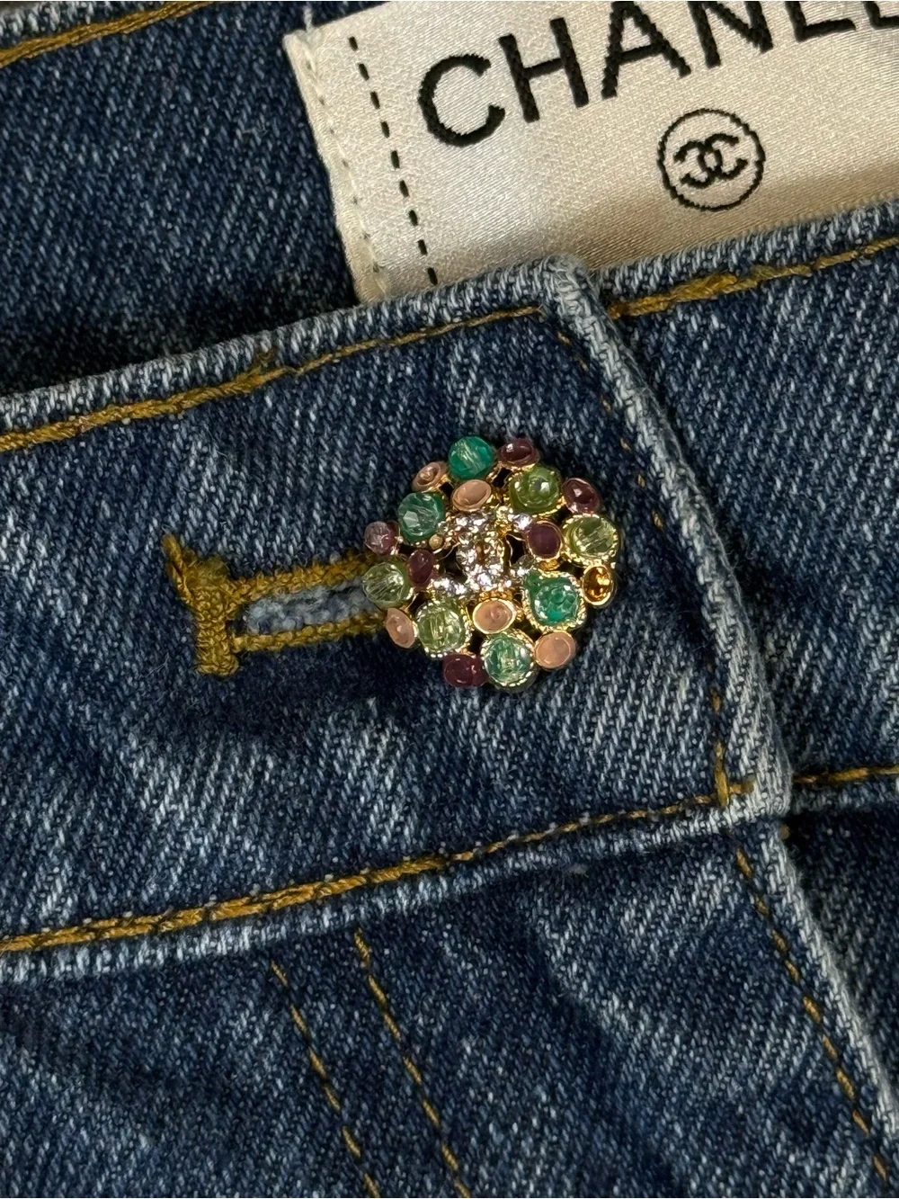 CHANEL High Rise 90s Denim Jeans with Gold CC Buttons rhinestones tapered gems